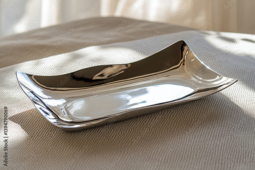 Poster unique metallic tray resting on a textured surface illuminated by soft sunlight in a cozy indoor set