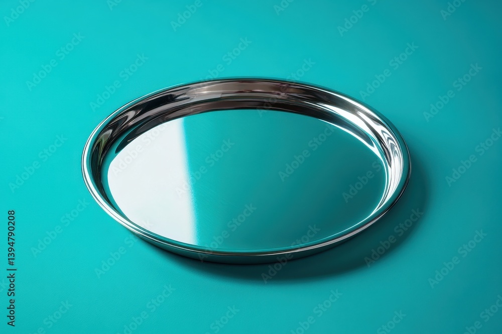 Aufkleber smooth stainless steel tray resting on a teal surface reflecting light and creating a minimalist aes