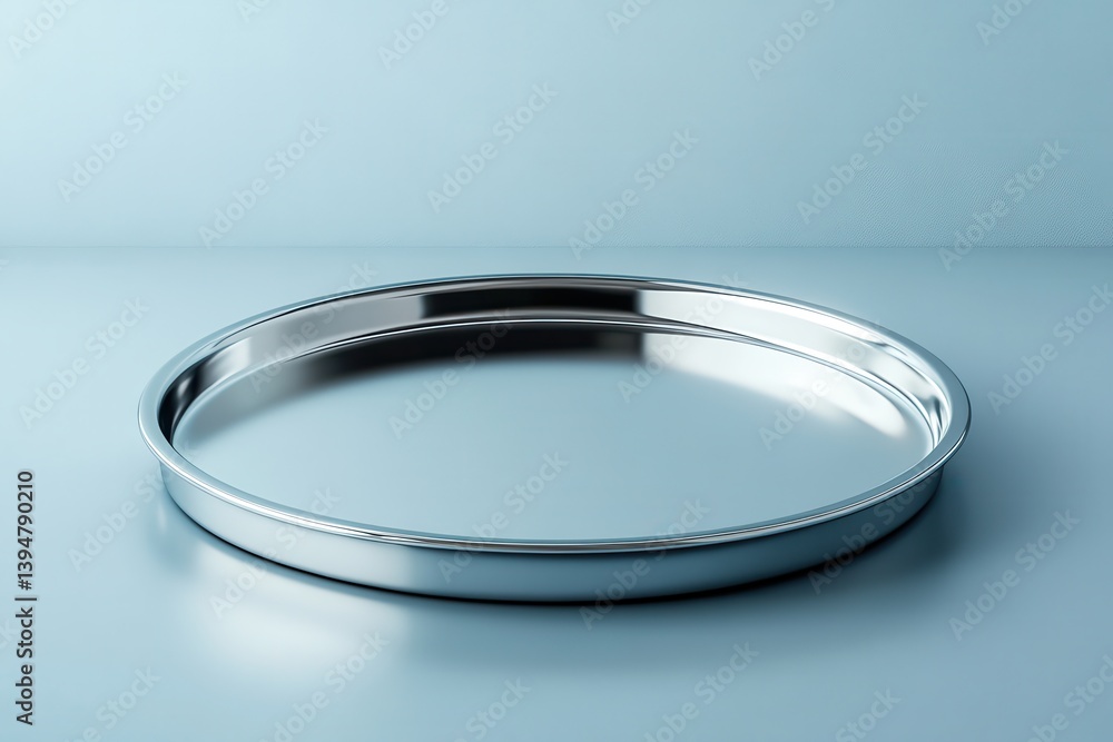 Poster circular stainless steel tray on a smooth surface with subtle reflections in a calm setting