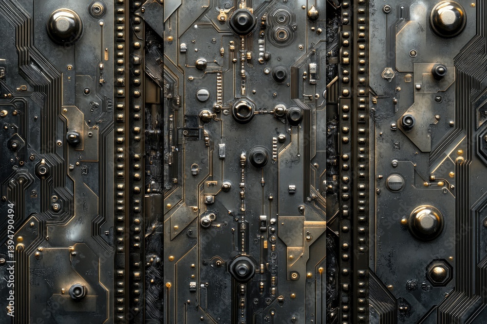 Poster a detailed close-up of a futuristic circuit board with intricate metallic designs and components.