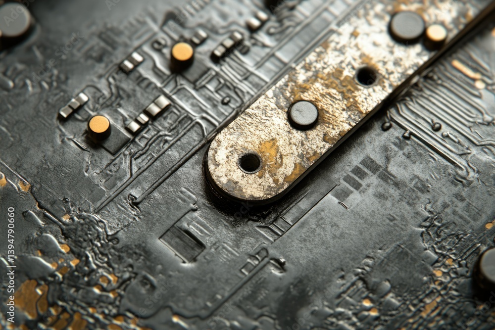 Aufkleber Close-up of a weathered circuit board, showcasing intricate circuitry and aged components.