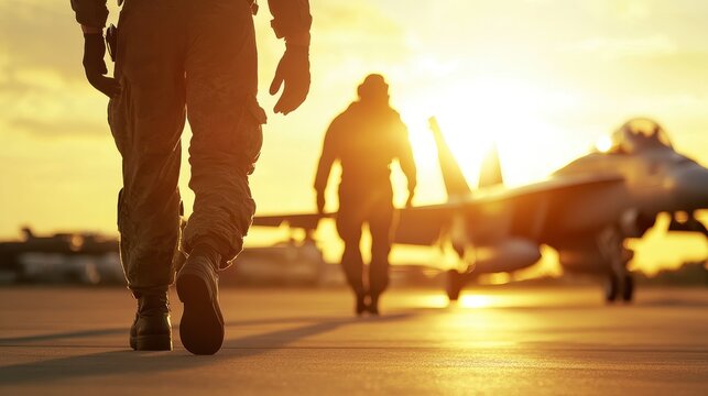 Silhouetted pilots walking towards a fighter jet at sunset on a runway. Warm golden light, blurry background.