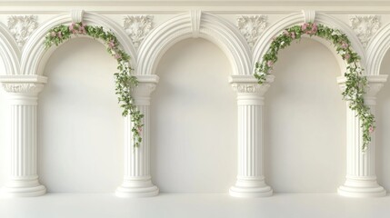 Naklejka premium Architectural structure featuring arches columns and floral vine accents in white