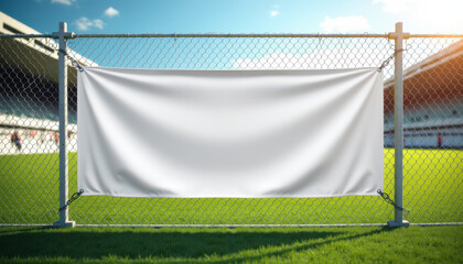 Horizontal banner mockup. White horizontal banner mockup on chain-link fence in stadium
