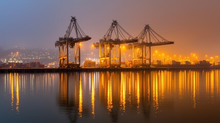 Industrial Harbor with Cranes Reflecting in Calm Water at Dusk