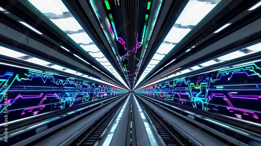 Leinwandbilder digital subway tunnel features vibrant light patterns and futuristic design in motion at nighttime