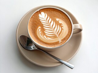 a cup of cappuccino with latte art in the shape of a leaf