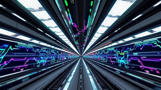 Digital subway tunnel features vibrant light patterns and futuristic design in motion at nighttime