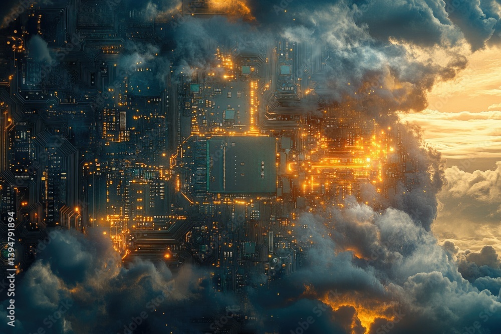 Poster a glowing circuit board floats amidst dramatic clouds, symbolizing the intersection of technology an