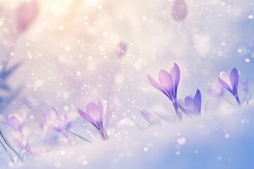 Beautiful Purple Crocus Flowers in Soft Winter Snow Gentle Breeze Cold Bloom White Light Macro Image
