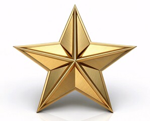 Shiny Gold 3D Five-Pointed Star with Metallic Sheen and Beveled Edges Symbolizing Excellence isolated on white background.