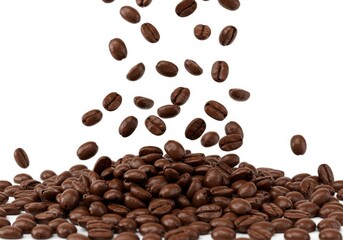 Naklejka premium Falling roasted coffee beans against a plain white background in a studio setting close up shot isolated on white background