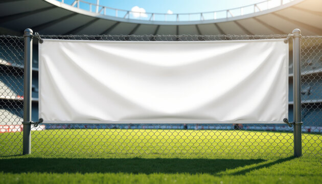 Horizontal banner mockup. Blank advertising banner hanging on fence at football arena