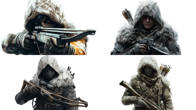 Four hooded figures, two wielding crossbows, two with rifles, winter attire.