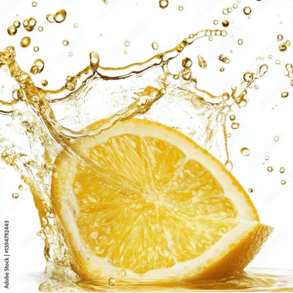 Poster vibrant citrus slice in dynamic splash against bright backdrop showcasing refreshment and natural es