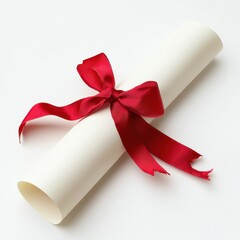 Rolled diploma tied with a vibrant crimson ribbon isolated on white background