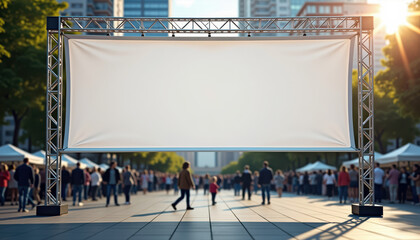 Horizontal banner mockup. Large white event banner mockup on frame at urban open-air venue