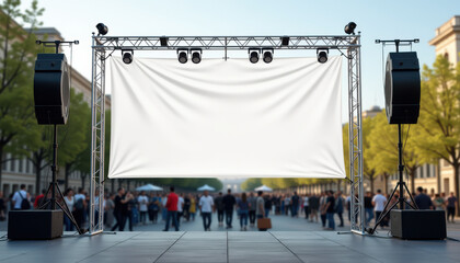 Horizontal banner mockup. Horizontal stage banner mockup on metal frame at city outdoor event