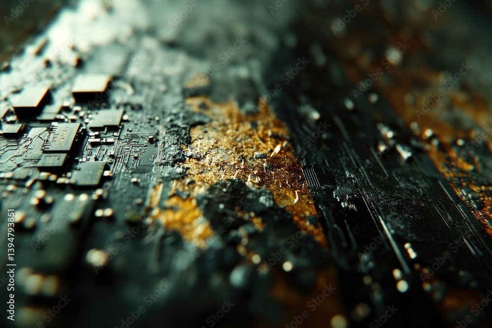 Poster Close-up of a weathered, gold-accented circuit board, showing intricate details and texture.