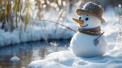 Obraz premium A cheerful snowman wearing a straw hat and scarf fishing by a frozen pond, surrounded by winter scenery and glistening snow