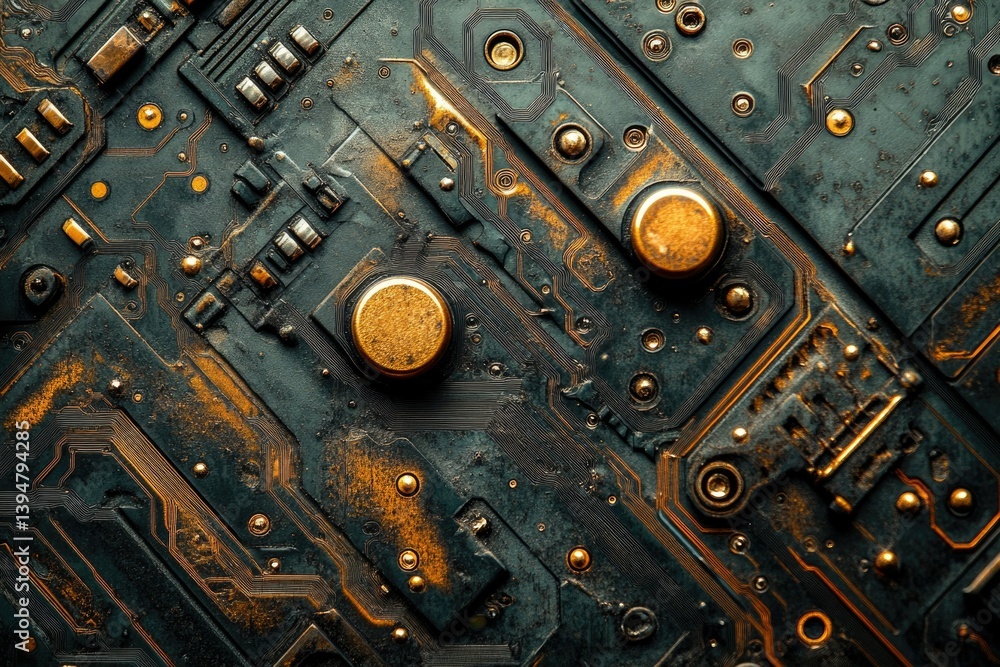 Aufkleber Close-up of a weathered, gold-accented circuit board, showcasing intricate circuitry and aged components.
