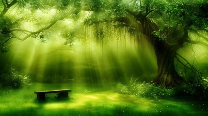 Obraz premium A sunlit, enchanting forest scene with a solitary park bench.