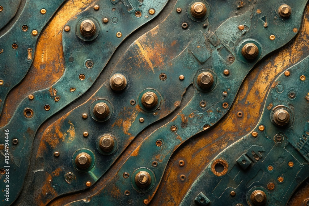 Aufkleber Abstract steampunk background with textured metallic surface, featuring a pattern of gold and teal components and rivets.