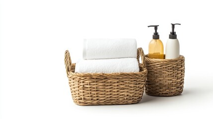 Fototapeta premium White towels in woven baskets with liquid soap dispensers against a white background. Clean and fresh bathroom setting.