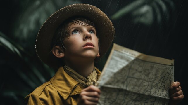 Young Explorer's Journey: A young adventurer, hat and map in hand, gazes up with wonder and curiosity amidst a lush jungle, embodying a spirit of exploration and discovery.