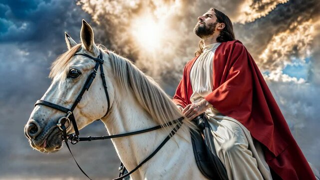 Jesus Christ with a blood red cloak riding a white horse 4K