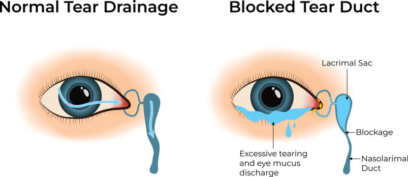 Normal Tear Drainage vs Blocked Tear Duct Vector Illustration