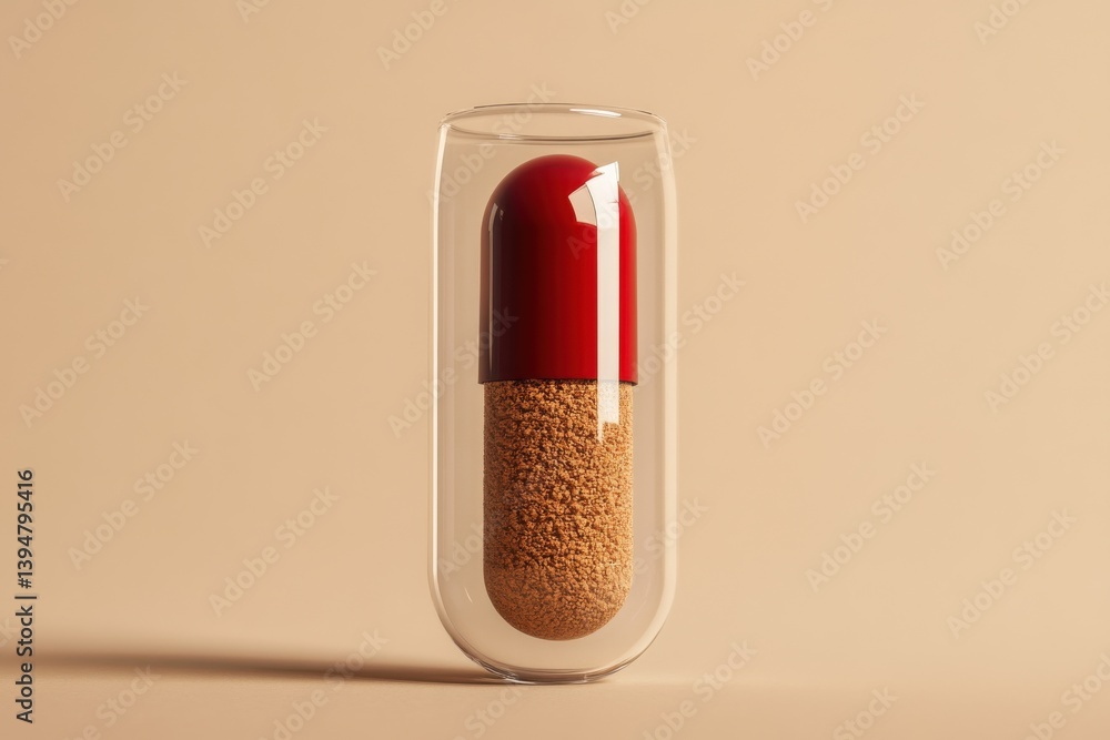 Poster colorful capsule inside a transparent glass, showcasing a unique blend of textures and colors