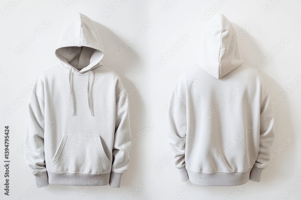 Poster Light gray hooded sweatshirt displayed from front and back angles in a minimalistic setting