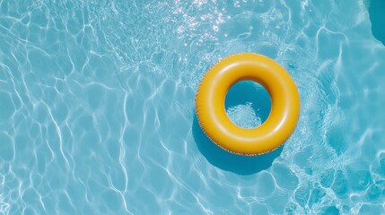 Yellow inflatable ring floats in a refreshing blue swimming pool, summer vibes.