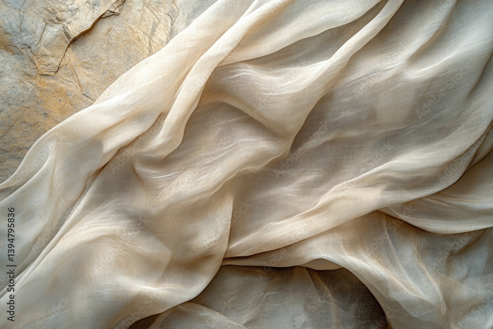 Leinwandbilder draped beige sheer fabric on a textured stone background, creating soft folds and shadows.