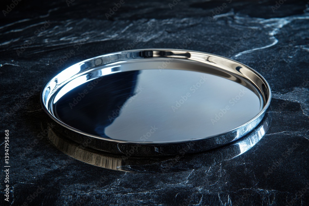 Poster Reflective metallic tray resting on a dark stone surface, showcasing its shiny and smooth design aesthetic