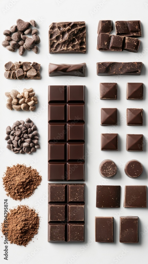 Poster artistic flat lay of assorted dark chocolate varieties on white background in studio setting for con