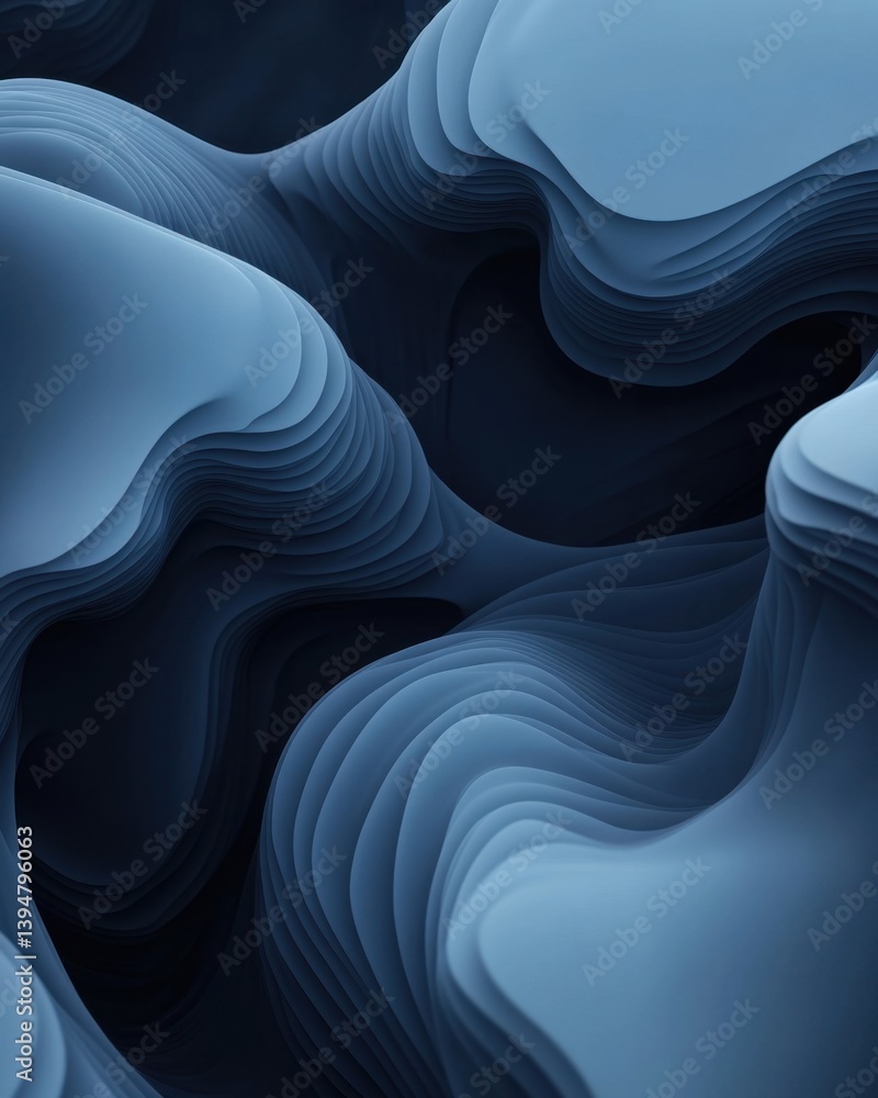 Poster Abstract layers of blue gradient waves creating a smooth and flowing design with depth and shadow forming a serene and modern aesthetic