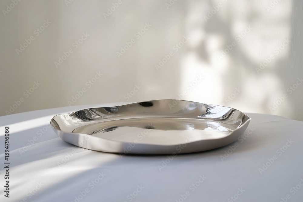 Leinwandbilder shiny metallic plate resting on a soft surface illuminated by gentle sunlight during afternoon hours