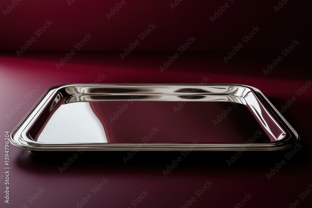 Aufkleber shiny metal serving tray placed on dark red background with reflections