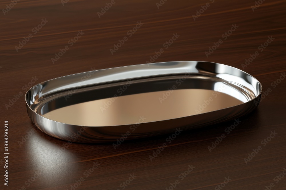 Poster shiny metal tray rests on a dark wooden surface reflecting ambient light in a minimalist setting