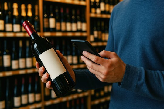 Man uses Smartphone for Wine Selection, Comparing Prices or Checking Reviews in Liquor Store Aisle for Better Buying Decision