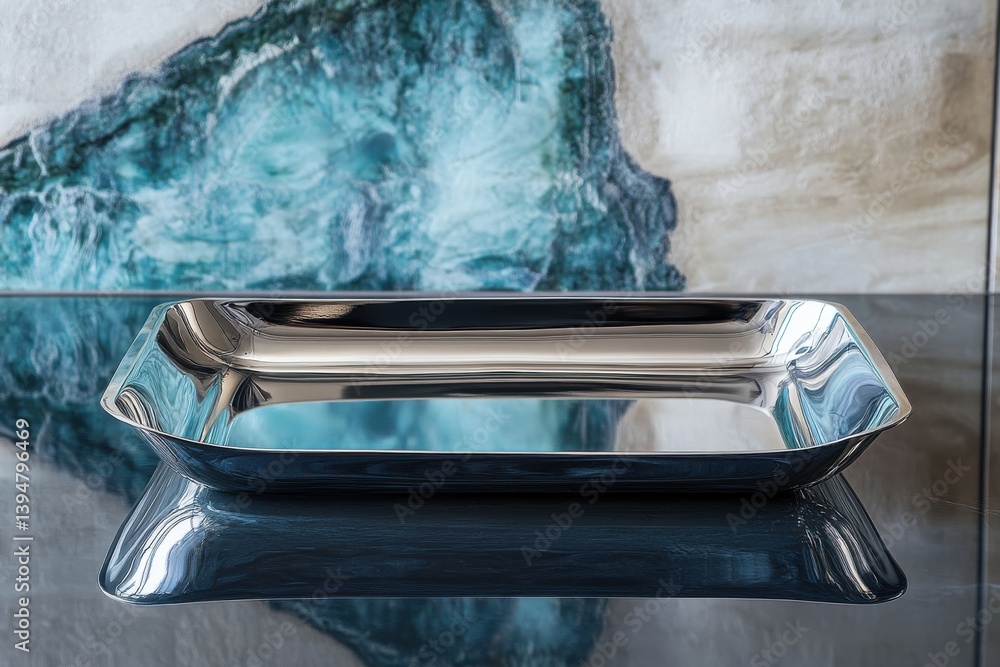Poster stylish metal tray on a reflective surface with an abstract blue background