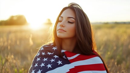 Woman with long brown hair, eyes closed, wrapped in an American flag, standing in a golden wheat field at sunset. Peaceful, serene atmosphere.