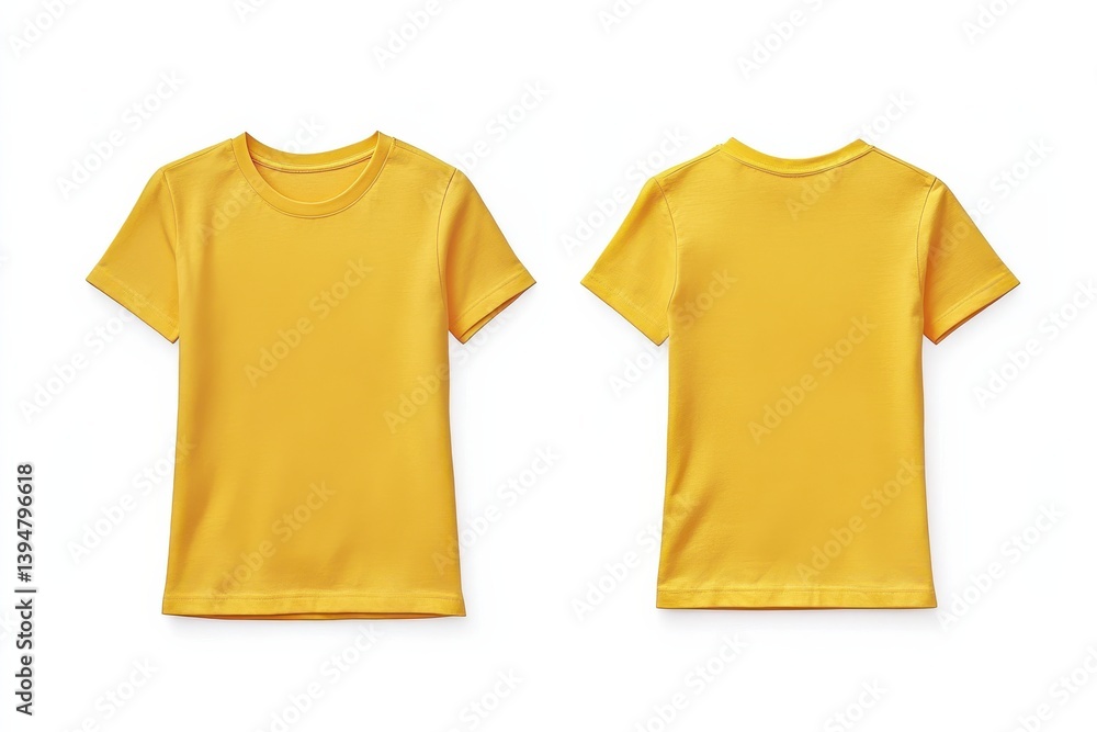 Poster bright yellow t-shirt displayed from both front and back angles on white background for clothing sho