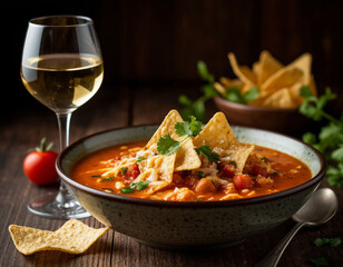 Gospacho soup and a glass of dry white wine, generated by AI