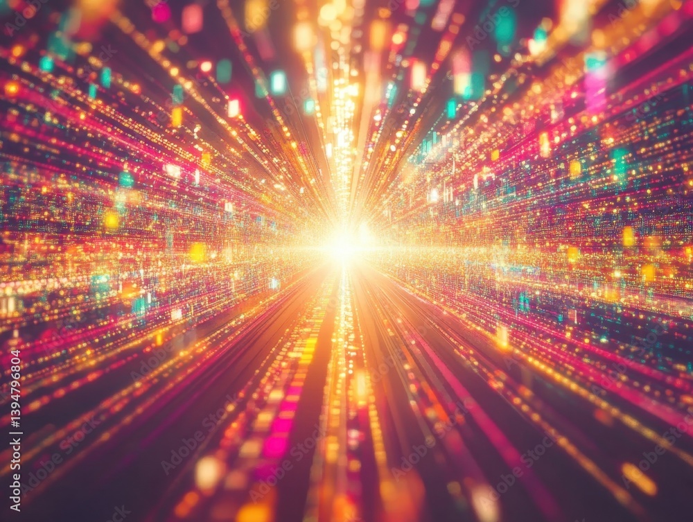 Poster abstract data stream tunnel with bright light at the end representing digital network and futuristic
