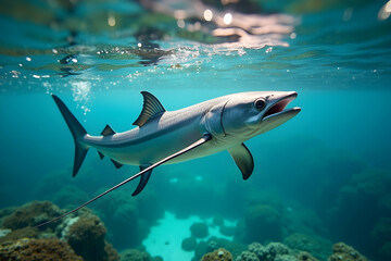 Fototapeta premium A Barracuda's Underwater Ballet, Darting Through Turquoise Depths in a Captivating Marine Encounter Showcasing the Ocean's Beauty and the Fish's Graceful Movement