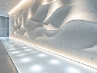 A matte white sculpted concrete wall with soft ambient lighting. The frosted glass floor has hidden underfloor lights that create a floating effect, perfect for a product showcase.