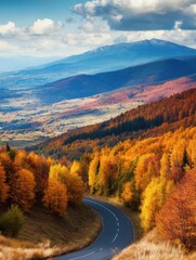 Serene Autumnal Road Trip Through Vibrant Forest Landscape with Distant Mountain Peaks and Cloudy Sky